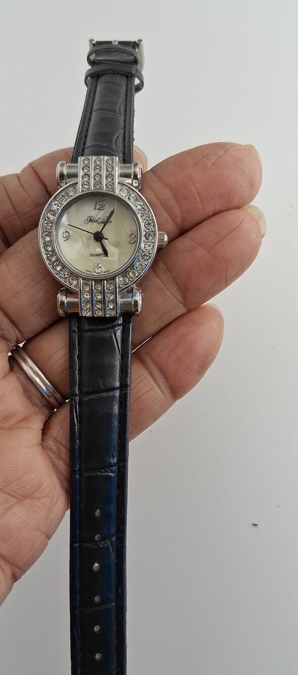 Womens Park Lane Silver Tone Rhinestone Bezel MOP Dial Watch Black Leather Strap